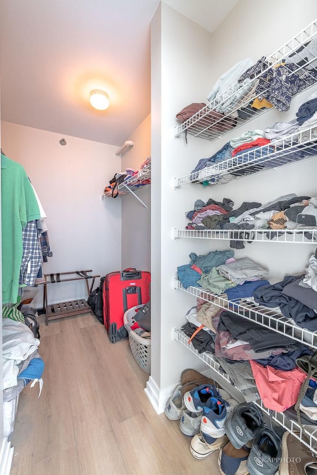 walk in closet with wood finished floors