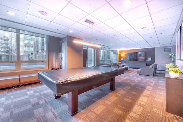 rec room with visible vents, billiards, a paneled ceiling, and carpet