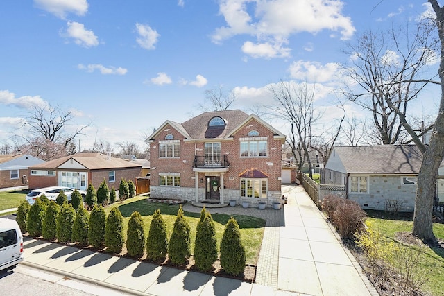 view of front of property featuring fence, a front yard, stone siding, and a balcony
