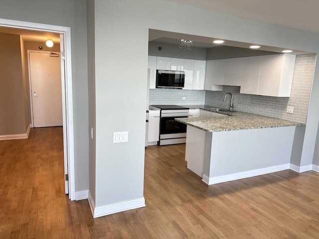 474 N Lake Shore Dr Unit 6102, Chicago, IL 60611 - kitchen with range with electric cooktop, a sink, stainless steel microwave, white cabinetry, and wood finished floors