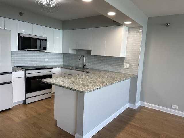 474 N Lake Shore Dr Unit 6102, Chicago, IL 60611 - kitchen with a peninsula, stainless steel microwave, a sink, range with electric stovetop, and dark wood-style floors