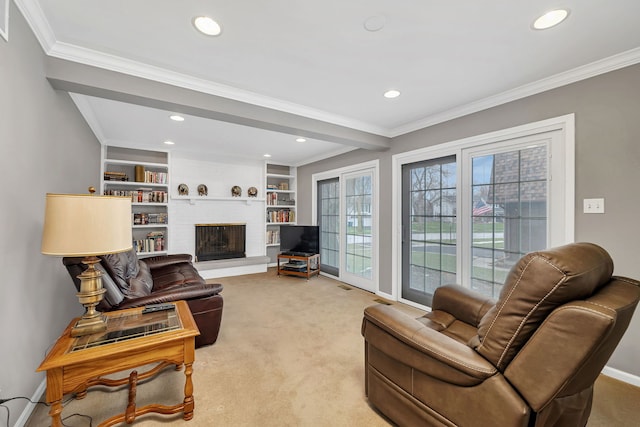6650 Powell St, Downers Grove, IL 60516 - living area with light carpet, recessed lighting, a brick fireplace, and ornamental molding