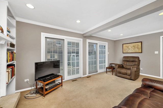 6650 Powell St, Downers Grove, IL 60516 - carpeted living area featuring baseboards, ornamental molding, visible vents, and recessed lighting