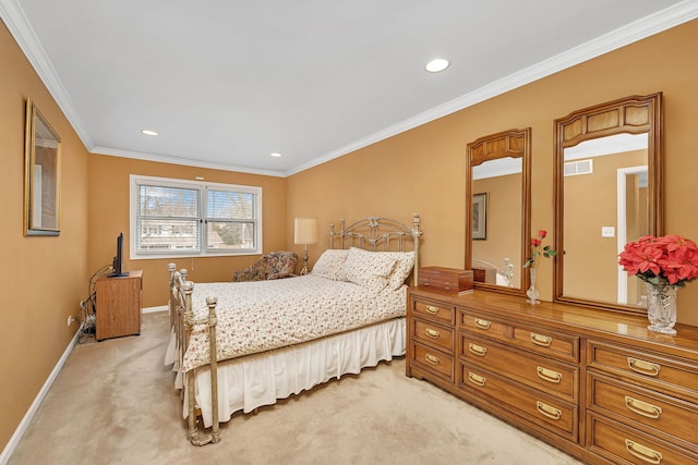 6650 Powell St, Downers Grove, IL 60516 - bedroom with ornamental molding, visible vents, baseboards, and light carpet