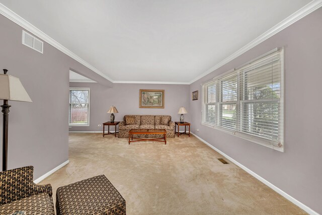 6650 Powell St, Downers Grove, IL 60516 - living room with light colored carpet, baseboards, ornamental molding, and visible vents