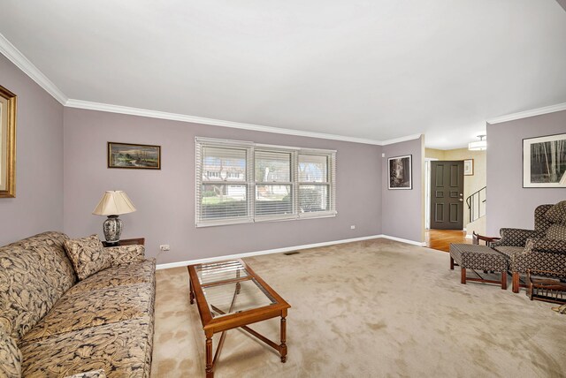 6650 Powell St, Downers Grove, IL 60516 - living area with visible vents, ornamental molding, baseboards, and light carpet