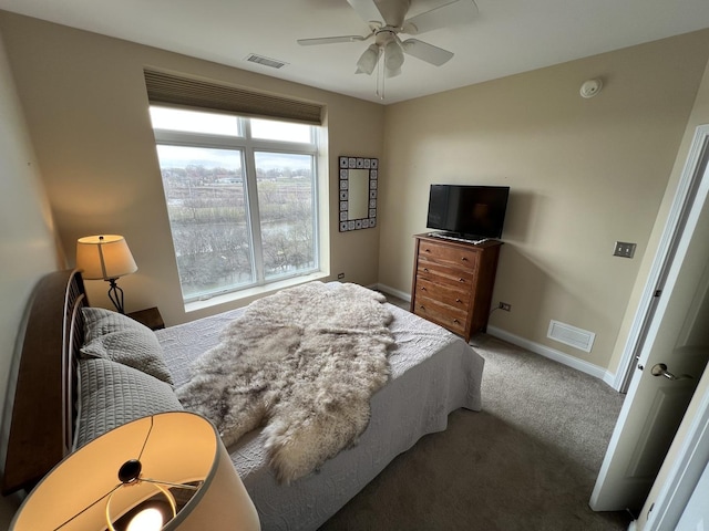 140 S River St Unit 409, Aurora, IL 60506 - carpeted bedroom featuring baseboards, a ceiling fan, and visible vents