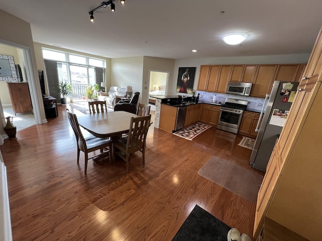 140 S River St Unit 409, Aurora, IL 60506 - kitchen featuring open floor plan, appliances with stainless steel finishes, a peninsula, and dark wood-style floors