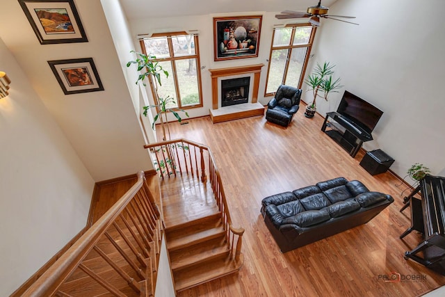 living area featuring a ceiling fan, wood finished floors, and a healthy amount of sunlight