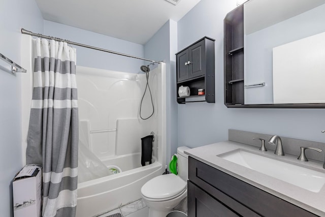 full bathroom featuring toilet, shower / bathtub combination with curtain, and vanity