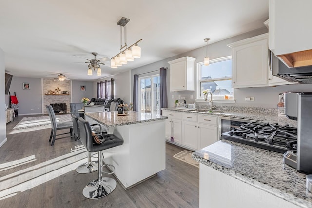 kitchen with a ceiling fan, white cabinets, wood finished floors, a sink, and open floor plan