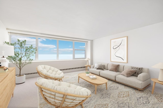 carpeted living room with baseboard heating