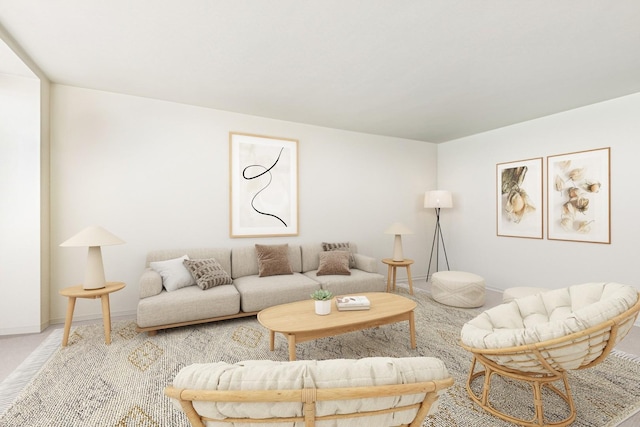 living room featuring carpet flooring and baseboards