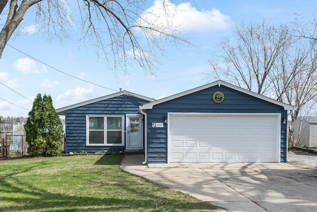 ranch-style house with an attached garage, fence, and a front yard