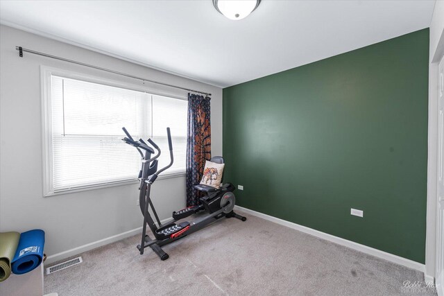 workout area featuring carpet floors, baseboards, and visible vents
