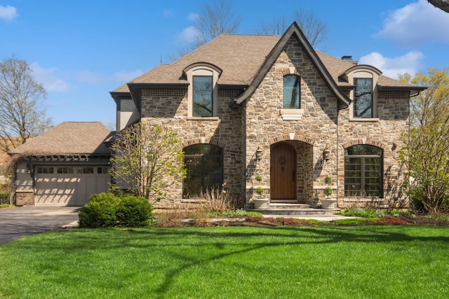 french country home with driveway, a garage, stone siding, and a front lawn