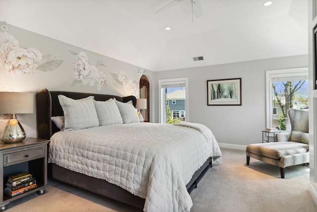 bedroom with visible vents, recessed lighting, carpet floors, lofted ceiling, and baseboards