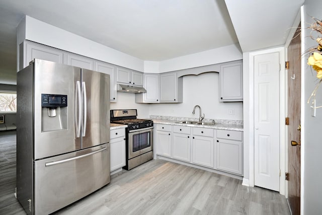 212A Collen Dr Unit 104, Lombard, IL 60148 - kitchen featuring gray cabinets, under cabinet range hood, light wood-style floors, appliances with stainless steel finishes, and a sink