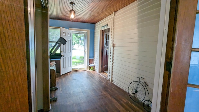 245 N Main St, Cisco, IL 61830 - foyer entrance featuring wood walls, dark wood-type flooring, and wooden ceiling