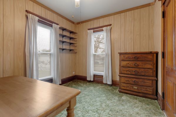 interior space featuring wood walls, plenty of natural light, crown molding, and carpet floors