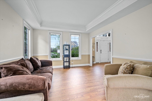 living area with wood finished floors, a raised ceiling, ornamental molding, and baseboards