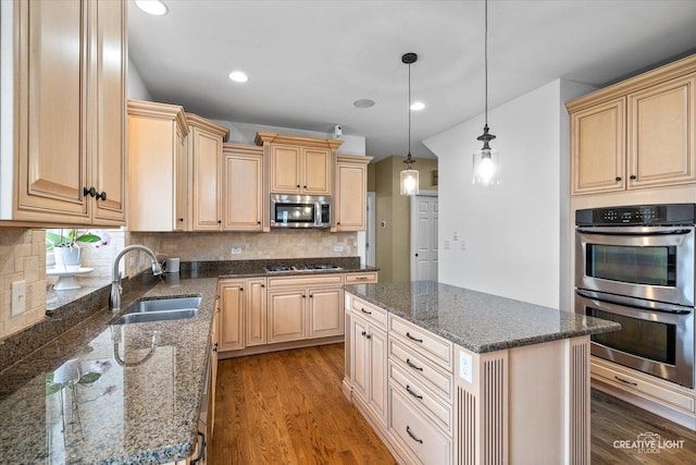 16432 S Harmon Ln, Plainfield, IL 60586 - kitchen featuring stainless steel appliances, a sink, light brown cabinetry, wood finished floors, and recessed lighting