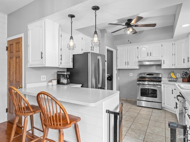 445 S Depot St, Somonauk, IL 60552 - kitchen with a peninsula, a ceiling fan, appliances with stainless steel finishes, under cabinet range hood, and light countertops