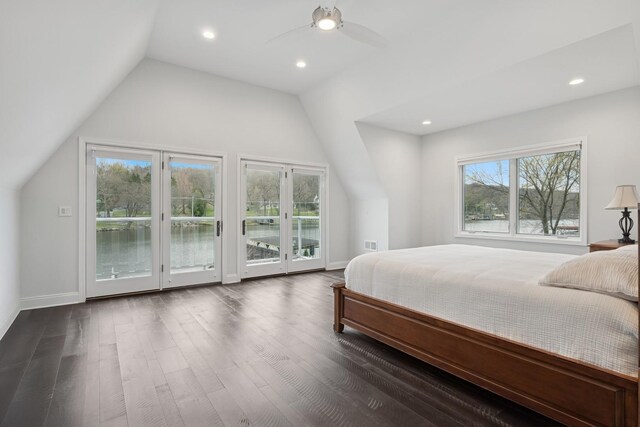 bedroom featuring ceiling fan, wood finished floors, lofted ceiling, access to outside, and recessed lighting