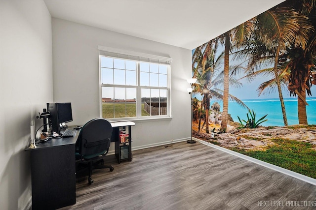 office with wood finished floors and baseboards