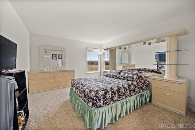 bedroom with light colored carpet