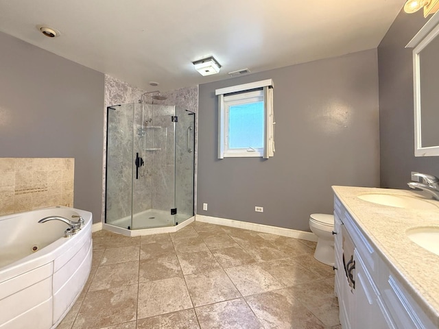 23021 Oakland Dr, Steger, IL 60475 - bathroom featuring a sink, a shower stall, double vanity, visible vents, and a tub with jets