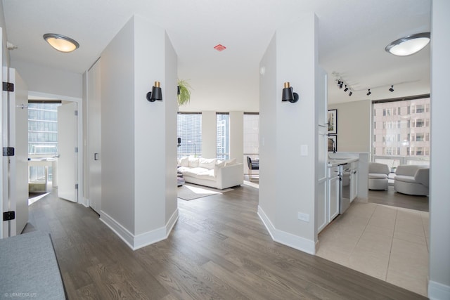 222 N Columbus Dr Unit 1509, Chicago, IL 60601 - hallway with plenty of natural light, baseboards, wood finished floors, and rail lighting
