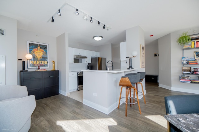 222 N Columbus Dr Unit 1509, Chicago, IL 60601 - kitchen with a kitchen breakfast bar, under cabinet range hood, appliances with stainless steel finishes, and light wood-style flooring