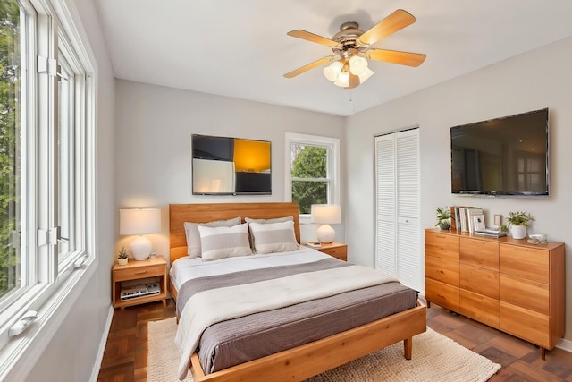 bedroom featuring a closet and ceiling fan