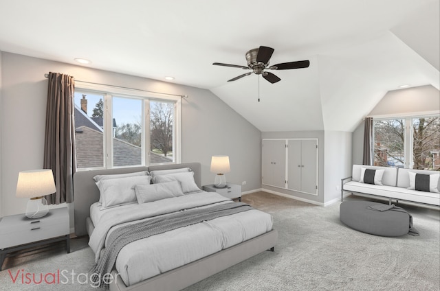 carpeted bedroom with ceiling fan, baseboards, lofted ceiling, and recessed lighting