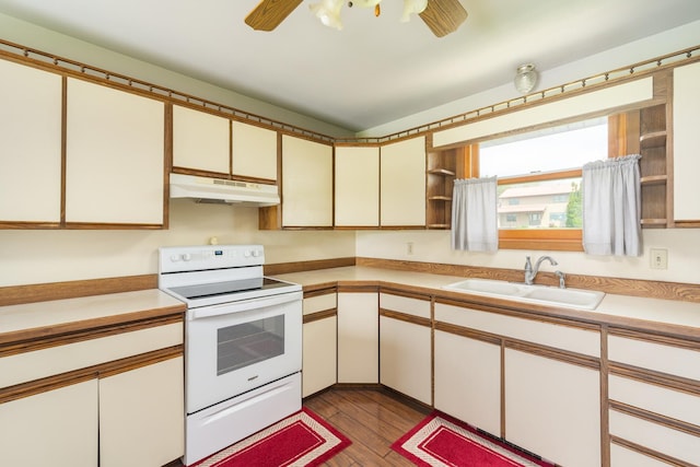 3449 E Cleveland St, Ladd, IL 61329 - kitchen featuring a sink, wood finished floors, open shelves, under cabinet range hood, and white electric range oven