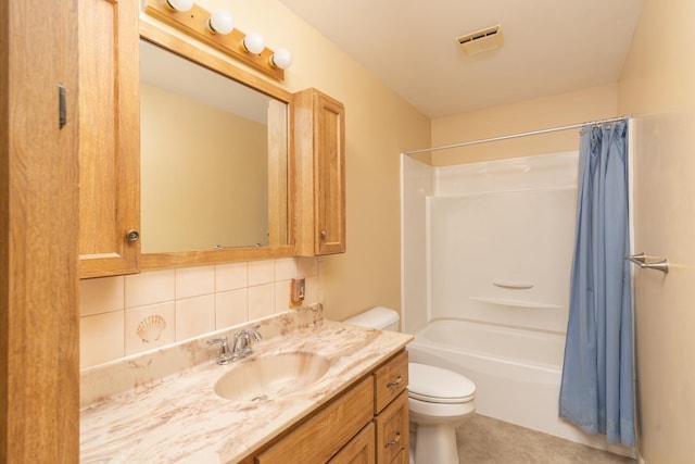 3449 E Cleveland St, Ladd, IL 61329 - full bathroom featuring toilet, shower / tub combo with curtain, visible vents, tasteful backsplash, and vanity