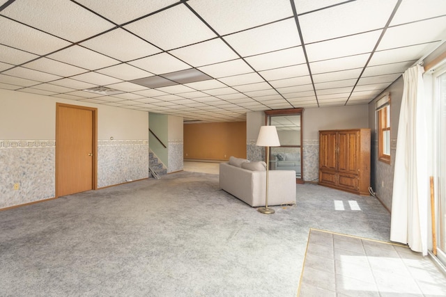 3449 E Cleveland St, Ladd, IL 61329 - unfurnished living room with stairs, carpet flooring, and wainscoting