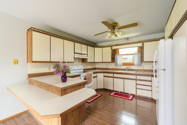 3449 E Cleveland St, Ladd, IL 61329 - kitchen with a sink, a peninsula, white appliances, under cabinet range hood, and a ceiling fan