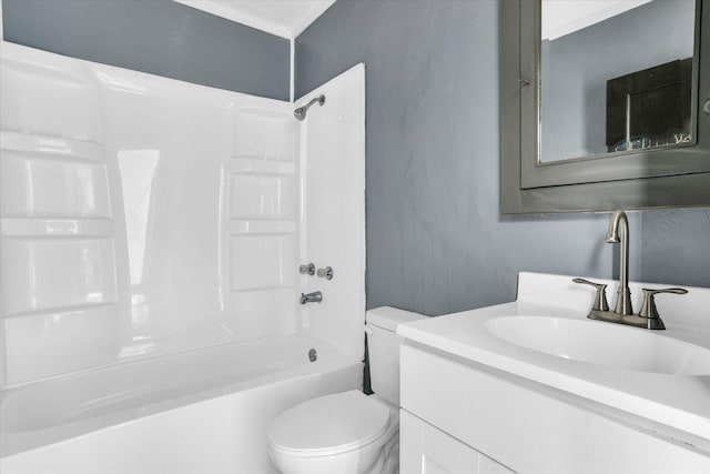 full bath featuring shower / bathing tub combination, toilet, and vanity