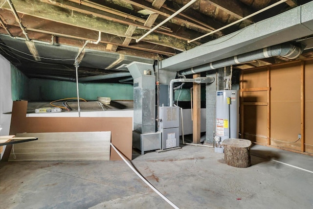 unfinished basement with heating unit and gas water heater