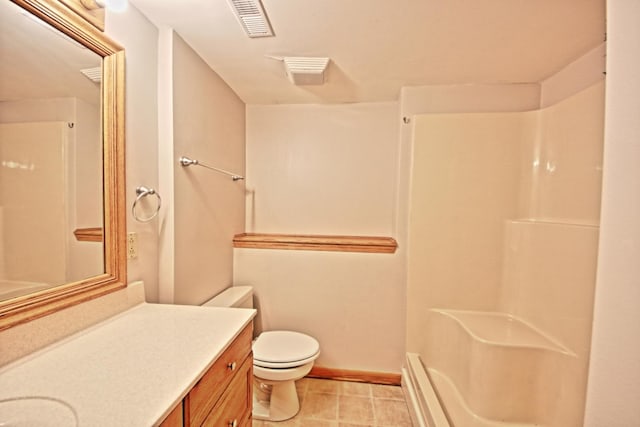 6140 El Morro Ln, Oak Forest, IL 60452 - bathroom featuring a shower, vanity, toilet, tile patterned floors, and baseboards