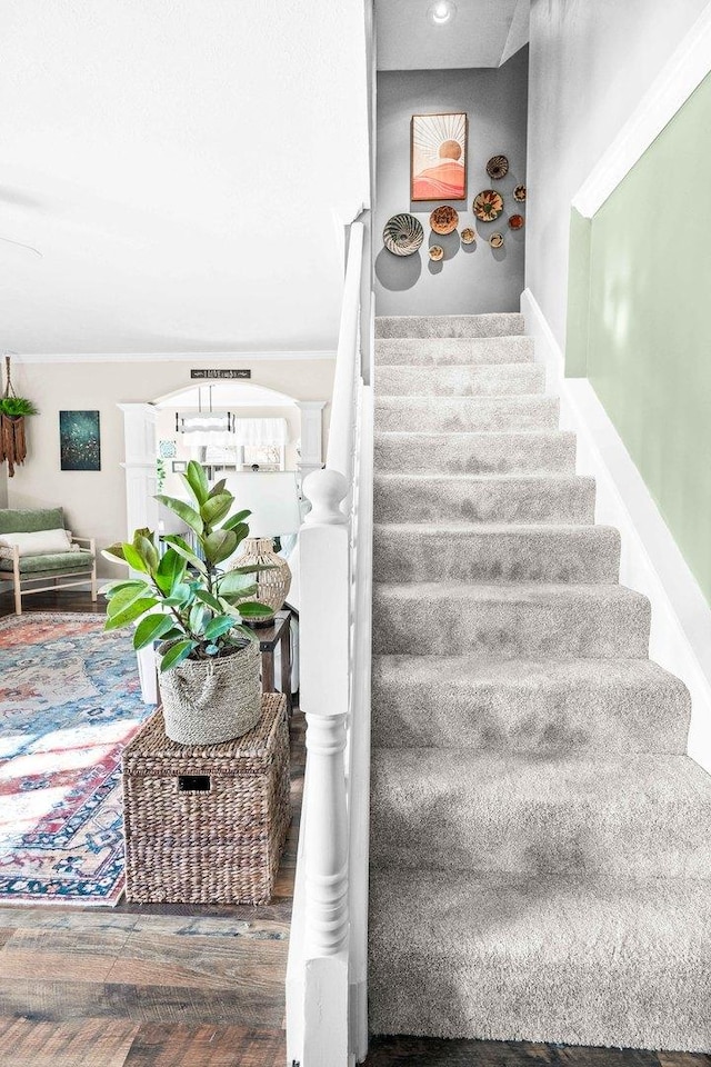 stairs featuring wood finished floors