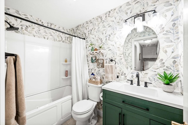 bathroom with wallpapered walls, shower / bath combo, vanity, and toilet