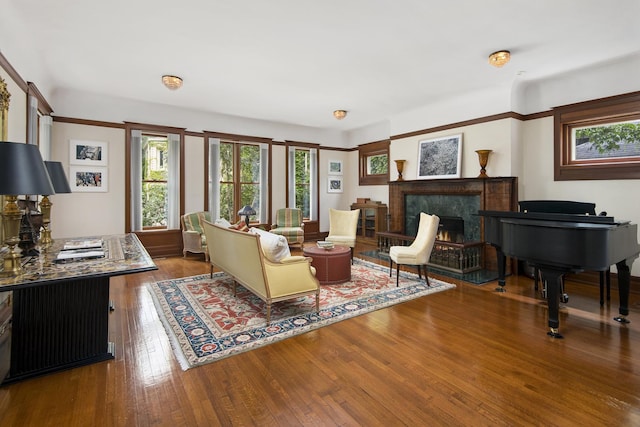 living area with a healthy amount of sunlight, wood-type flooring, and a premium fireplace