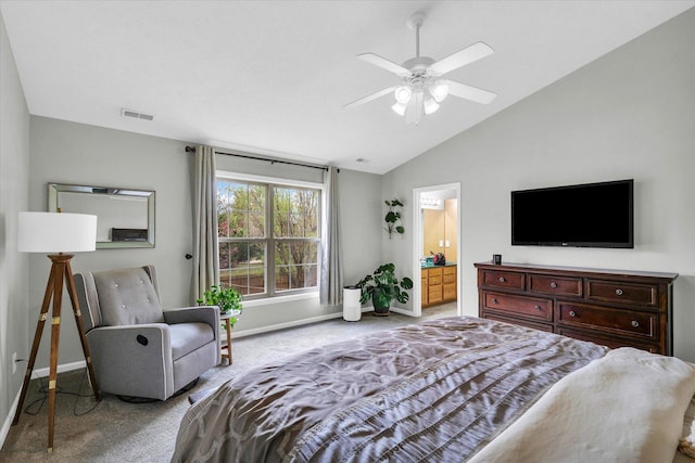 3410 Waterville Ct, Champaign, IL 61822 - carpeted bedroom featuring lofted ceiling, baseboards, ensuite bathroom, and visible vents