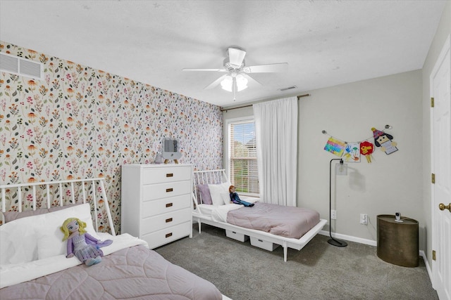 3410 Waterville Ct, Champaign, IL 61822 - bedroom featuring wallpapered walls, visible vents, a ceiling fan, carpet floors, and baseboards