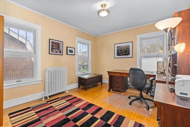 office featuring radiator heating unit, wood finished floors, ornamental molding, and a healthy amount of sunlight