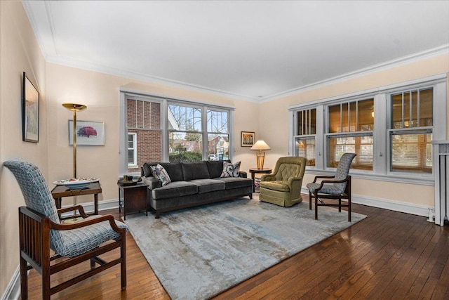 living area featuring crown molding, baseboards, and dark wood-style flooring
