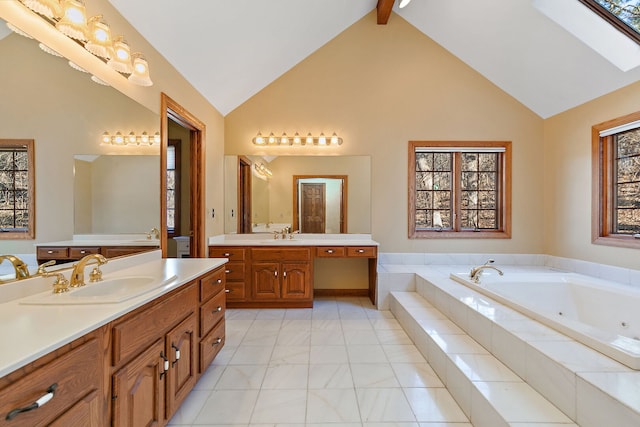 4001 Wyndwood Dr, Crystal Lake, IL 60014 - full bathroom with a sink, two vanities, high vaulted ceiling, and a tub with jets